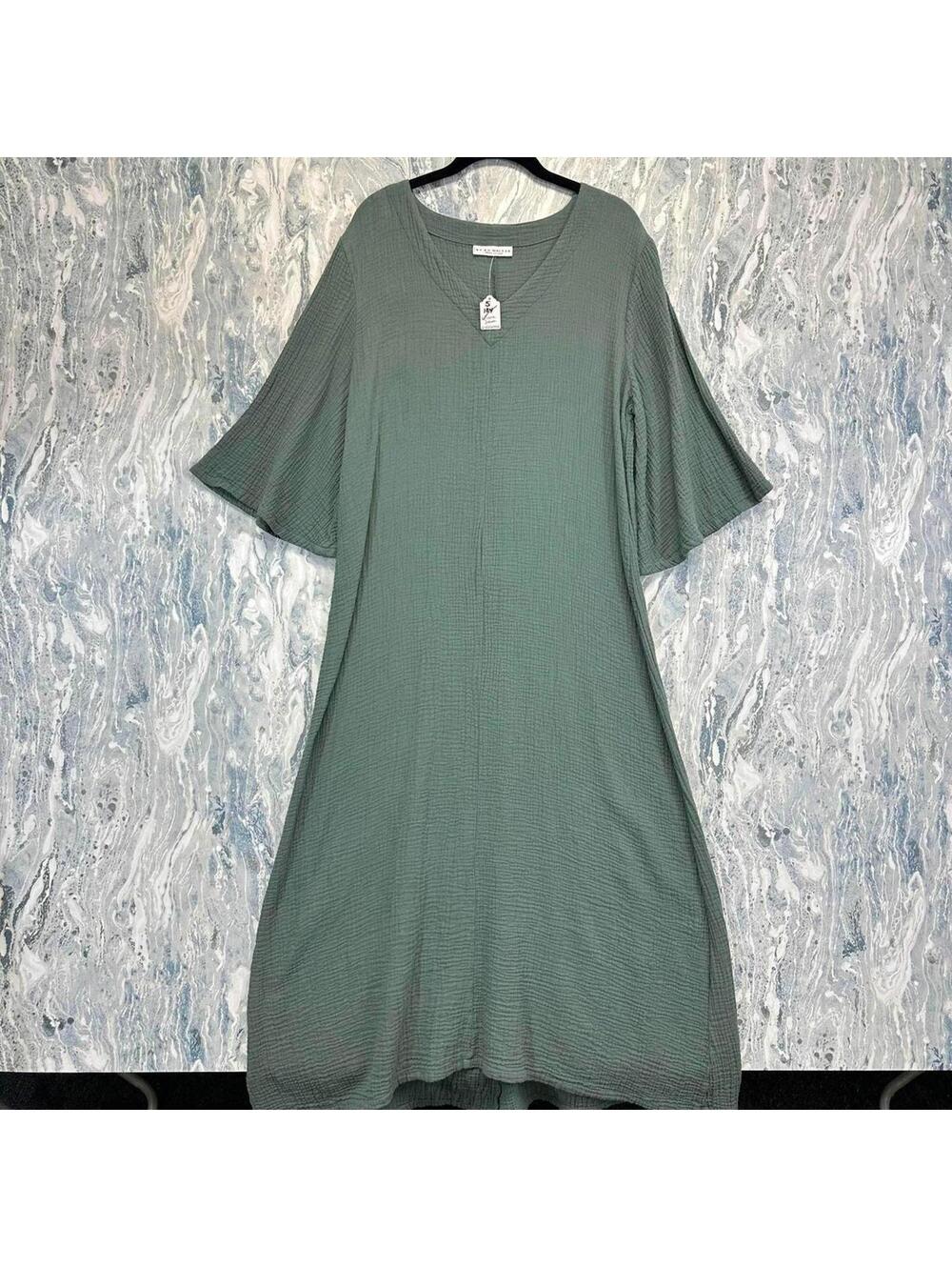 Indie Cottage Boho Minimalist Lagenlook Green A-Line Dress (S)